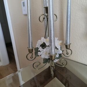 Table Center Piece. Elegant Silver and Gold Candle Holder with Floral Accent